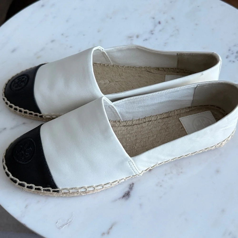 Tory Burch White Leather Espadrilles with Black Toe Cap